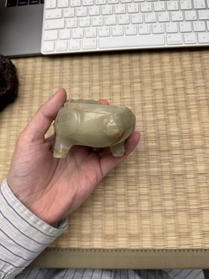 Lot 75 - A CHINESE CARVED CELADON JADE 'MYTHICAL BEAST' CENSER