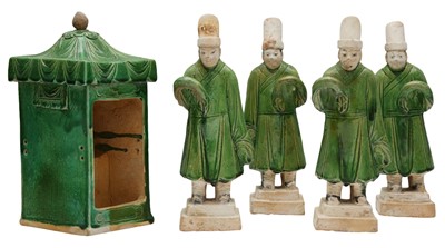 Lot 127 - A GROUP OF FOUR CHINESE GREEN GLAZED FIGURES WITH A SEDAN