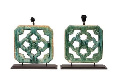 Lot 277 - A PAIR OF CHINESE GREEN-GLAZED ARCHITECTURAL FRAGMENT LAMPS, 20TH CENTURY