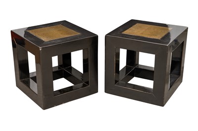 Lot 85 - A PAIR OF CHINESE BLACK LACQUER MARBLE-INSET SIDE TABLES