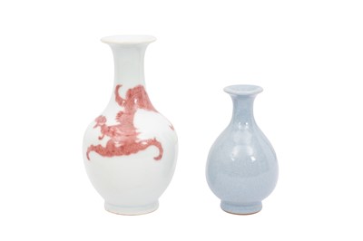 Lot 48 - A CHINESE COPPER RED-DECORATED VASE AND A BLUE-GLAZED VASE