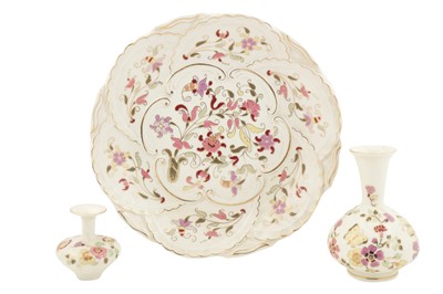 Lot 366 - ZSOLNAY PÉCS, TWO PORCLEAIN VASES AND A PLATE