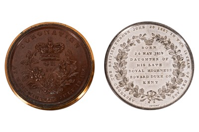 Lot 102 - A George IV Coronation Box with contents, together with a Queen Victoria Coronation medal by Ottley