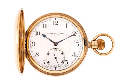 Lot 320 - THOMAS RUSSELL & SONS - 9K GOLD FULL HUNTER POCKET WATCH