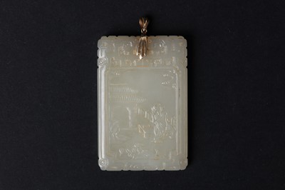 Lot 70 - A FINE CHINESE PALE CELADON-JADE 'SCHOLAR AND POEM' PLAQUE, SIGNED ZIGANG