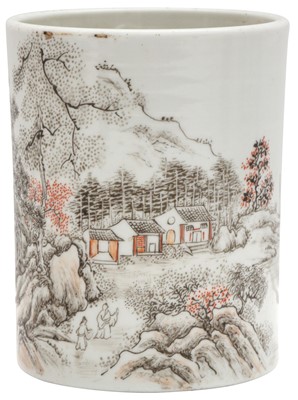 Lot 697 - A CHINESE IRON-RED AND GRISAILLE 'LANDSCAPE' BRUSHPOT, BITONG