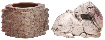 Lot 612 - A CHINESE ARCHAISTIC JADE CONG TOGETHER WITH A CARVING OF A CAMEL