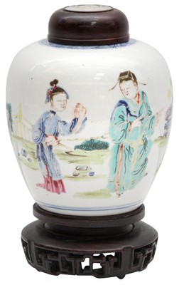 Lot 564 - A CHINESE FAMILLE-ROSE 'FIGURATIVE' JAR WITH WOOD COVER AND STAND