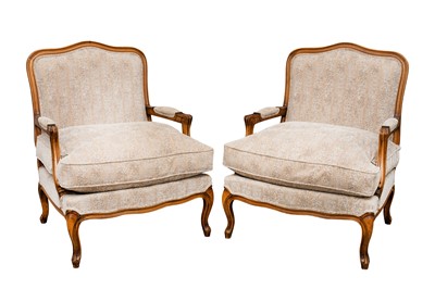 Lot 116 - A PAIR OF FRENCH WALNUT LOUIS XV STYLE BERGERE OPEN ARMCHAIRS, LATE 20TH CENTURY