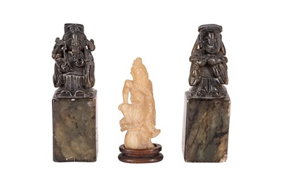 Lot 66 - TWO CHINESE CARVED SEALS TOGETHER WITH A SMALL FIGURE AND STAND