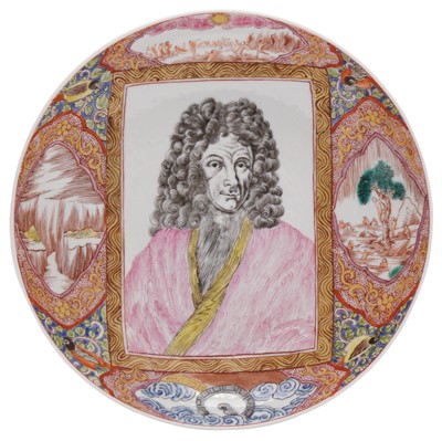 Lot 288 - A RARE CHINESE EXPORT FAMILLE-ROSE GRISAILLE AND GILT-DECORATED 'WILLEM DEURHOFF' DISH