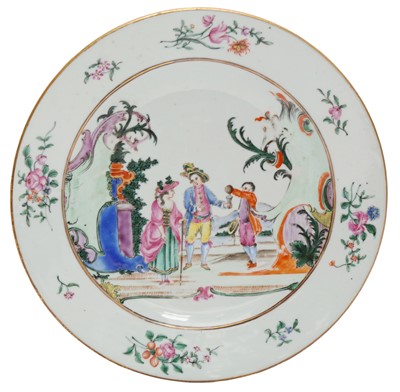 Lot 286 - A RARE CHINESE EXPORT FAMILLE-ROSE 'EUROPEAN SUBJECT' DISH