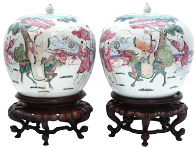 Lot 938 - A PAIR OF CHINESE FAMILLE-ROSE 'FIGURAL' JARS AND COVERS