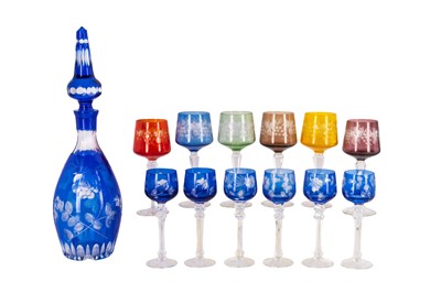 Lot 346 - A BOHEMIAN FLASHED AND CUT GLASS DECANTER AND SIX HOCK GLASSES