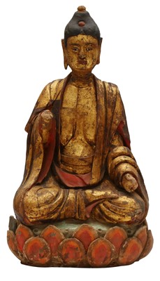 Lot 874 - A CHINESE GILT-DECORATED AND POLYCHROME PAINTED STUCCO FIGURE OF BUDDHA WITH STAND