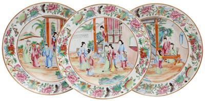 Lot 373 - Three Chinese export canton famille-rose 'figurative' dishes, 19th Century