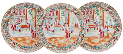 Lot 371 - Three Chinese export canton famille-rose 'figurative' dishes, 19th Century