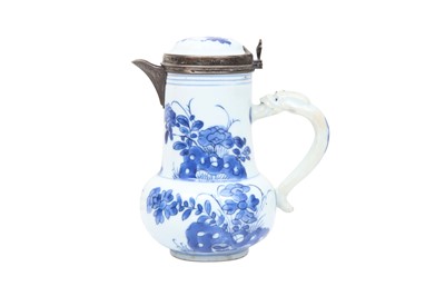 Lot 523 - A CHINESE BLUE AND WHITE JUG WITH SILVER MOUNTS