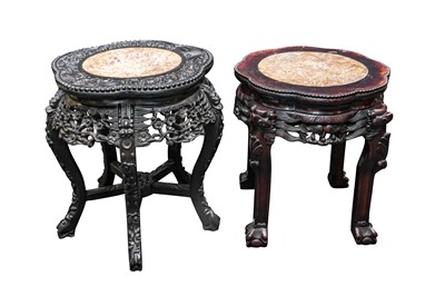 Lot 76 - TWO CHINESE MARBLE-INSET WOOD JARDINIERE STANDS