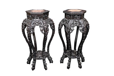 Lot 77 - A NEAR-PAIR OF CHINESE MARBLE-INSET WOOD JARDINIERE STANDS