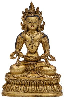 Lot 158 - A SINO-TIBETAN GILT-BRONZE FIGURE OF AMITAYUS