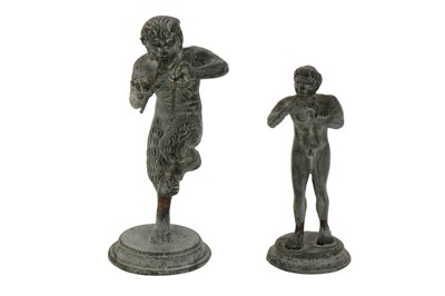 Lot 223 - TWO GRAND TOUR TYPE PATINATED BRONZE FIGURES, BOTH IN THE FORM OF A PAN