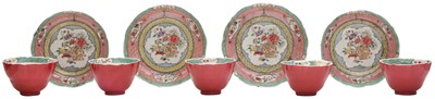 Lot 267 - NINE CHINESE FAMILLE-ROSE RUBY-BACK CUPS AND SAUCERS