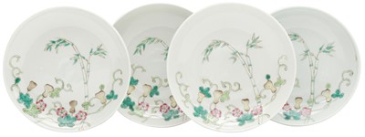 Lot 590 - FOUR CHINESE FAMILLE-ROSE 'BAMBOO AND GOURDS' DISHES