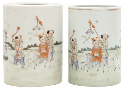 Lot 227 - TWO CHINESE FAMILLE-ROSE 'CHILDREN' BRUSH POTS, BITONG