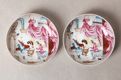Lot 285 - A PAIR OF CHINESE EXPORT FAMILLE-ROSE 'POTIPHAR'S WIFE' DISHES