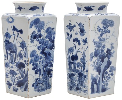 Lot 43 - A PAIR OF CHINESE BLUE AND WHITE 'FLORAL' SQUARE SECTIONS VASES