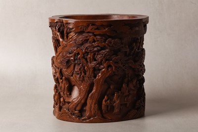 Lot 24 - A FINE CHINESE CARVED HARDWOOD BRUSH POT, BITONG