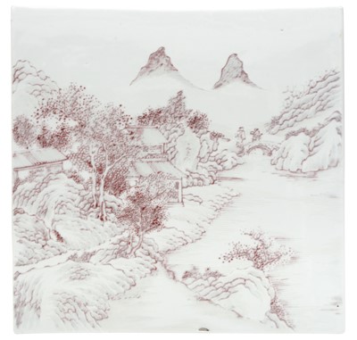 Lot 705 - A CHINESE PUCE-ENAMELLED 'LANDSCAPE' PLAQUE
