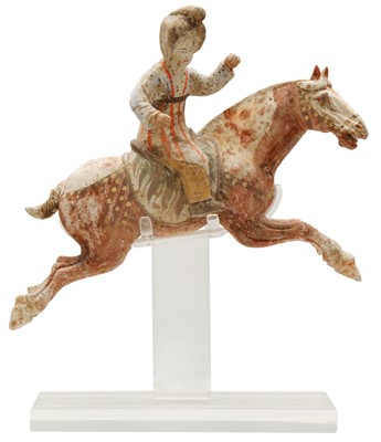 Lot 113 - A CHINESE PAINTED POTTERY FIGURE OF A HORSE AND RIDER