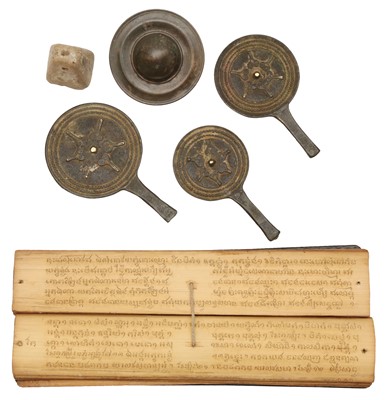 Lot 449 - A GROUP OF BURMESE BRONZE MIRRORS TOGETHER WITH A MANUSCRIPT