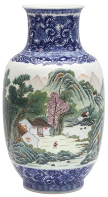 Lot 594 - A CHINESE FAMILLE ROSE AND UNDERGLAZE-BLUE 'LANDSCAPE' VASE