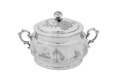 Lot 264 - An early 20th century Iraqi silver and niello covered twin handled sugar bowl, Omara circa 1925
