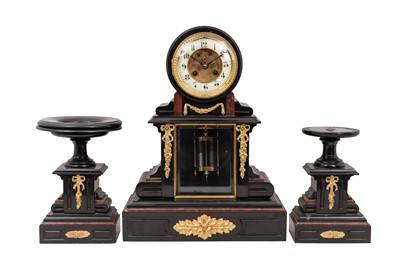 Lot 126 - LATE 19TH CENTURY FRENCH BLACK SLATE AND ROUGE MARBLE CLOCK GARNITURE