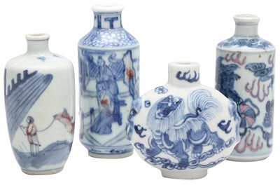 Lot 535 - FOUR CHINESE BLUE AND WHITE SNUFF BOTTLES