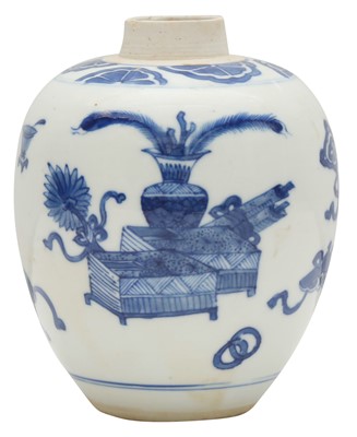Lot 515 - A CHINESE BLUE AND WHITE 'PRECIOUS OBJECTS' JAR