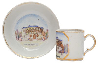 Lot 314 - A RARE CHINESE EXPORT FAMILLE-ROSE 'VAUXHALL' CUP AND SAUCER