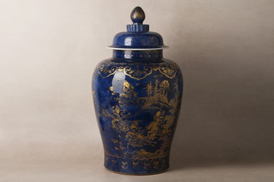 Lot 250 - A VERY LARGE POWDER-BLUE AND GILT-DECORATED 'HUNTING SCENE' JAR AND COVER