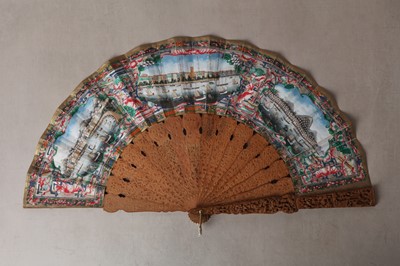 Lot 380 - λ A FINE CHINESE EXPORT FOLDING FAN WITH VIEWS OF PRAYA (PRAIA) GRANDE IN MACAO (MACAU)