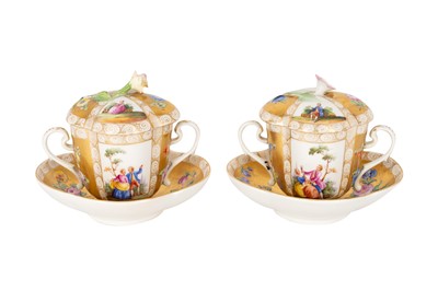 Lot 221 - TWO LATE 19TH CENTURY HELENA WOLFSOHN DRESDEN PORCELAIN CHOCOLATE CUPS & COVERS ON STANDS