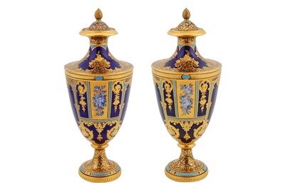 Lot 152 - A Pair of Royal Crown Derby Pate-Sur-Pate Vases & Covers by Desire Leroy