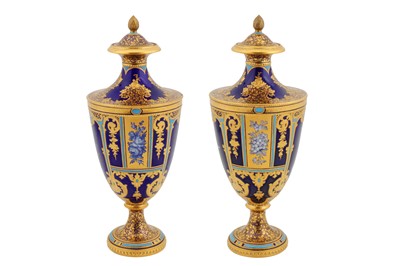 Lot 152 - A Pair of Royal Crown Derby Pate-Sur-Pate Vases & Covers by Desire Leroy