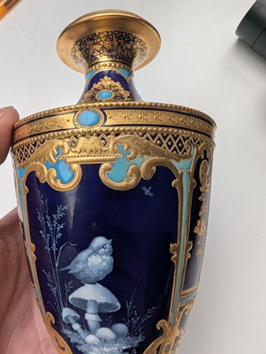 Lot 152 - A Pair of Royal Crown Derby Pate-Sur-Pate Vases & Covers by Desire Leroy