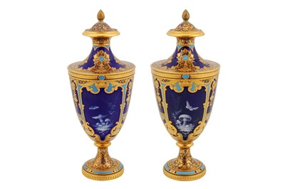 Lot 152 - A Pair of Royal Crown Derby Pate-Sur-Pate Vases & Covers by Desire Leroy