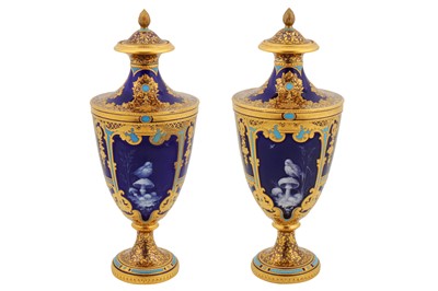 Lot 152 - A Pair of Royal Crown Derby Pate-Sur-Pate Vases & Covers by Desire Leroy