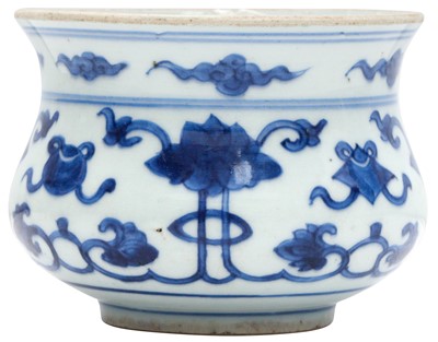 Lot 520 - A CHINESE BLUE AND WHITE 'LOTUS SCROLL' CENSER